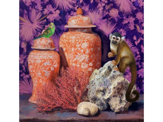 Monkey and budgie in plum noir chinoiserie room with orange ginger jars, Grandmillennial art
