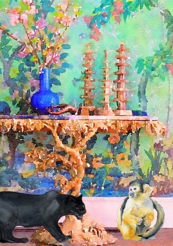 Grandmillennial art, Panther and monkey in chinoiserie interior  watercolor