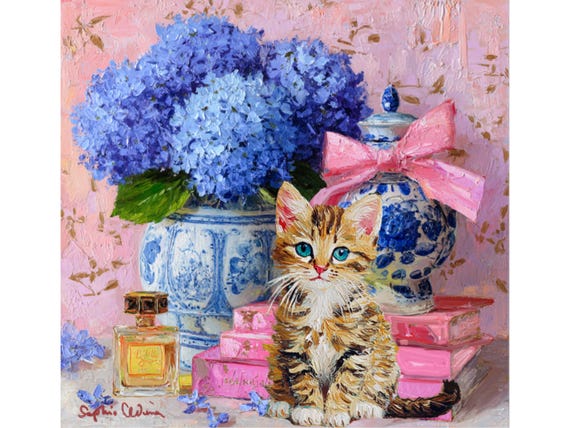 Whimsical Siberian Kitten Art Print: Grandmillennial Decor