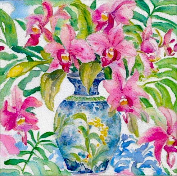 Grandmillennial art, Orchids in blue and white chinoiserie jar, watercolor painting
