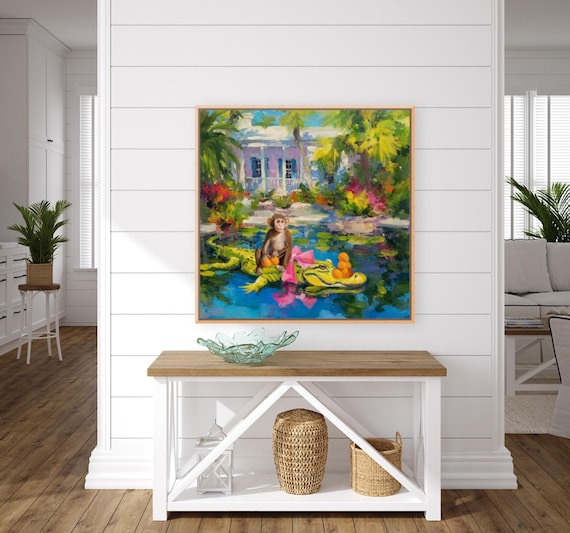 Monkey and Gator Art Print, Whimsical Chinoiserie, Grandmillennial