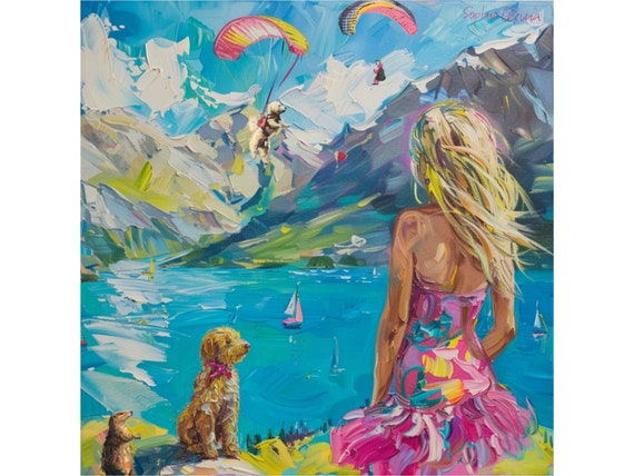 Grandmillennial art, Watching Paragliders in Annecy , whimsical fine art