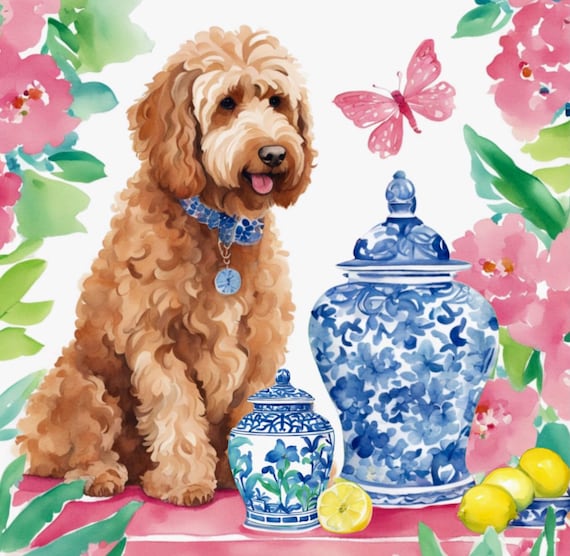 Preppy Labradoodle in preppy chinoiserie interior, whimsical watercolor
