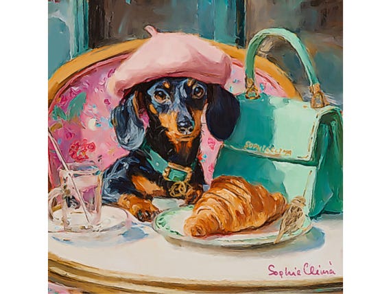 Parisian Dachshund Art Print: Chic Wiener Dog with Croissant