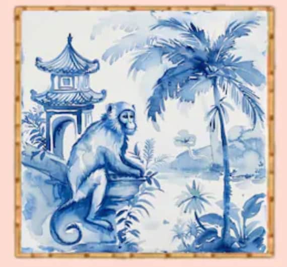 Grandmillennial art, Blue and white chinoiserie monkey in pagoda garden art print