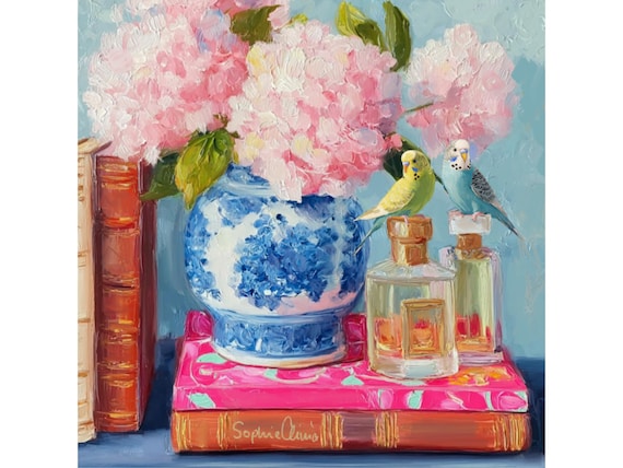 Hydrangea in ginger jar and budgies, grandmillennial art, oil painting