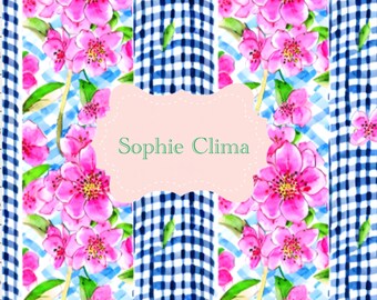 Instant download Preppy flowers and blue gingham, watercolor seamless pattern
