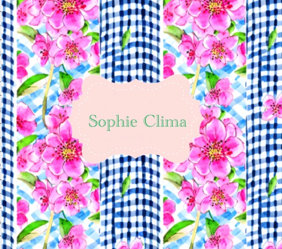 Instant download Preppy flowers and blue gingham, watercolor seamless pattern