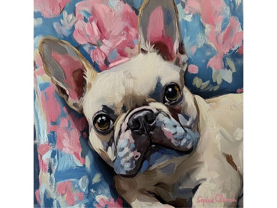 Grandmillennial art, Frenchie, whimsical fine art