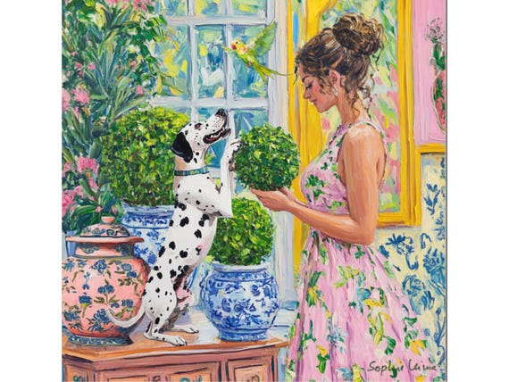 Grandmillennial art, Topiaries arrangement, whimsical dog painting