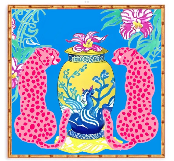 Grandmillennial art, Pink cheetahs and yellow chinoiserie jar, preppy chinoiserie download