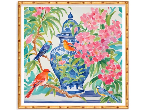 Grandmillennial art, birds, flowers and ginger jar chinoiserie garden art print