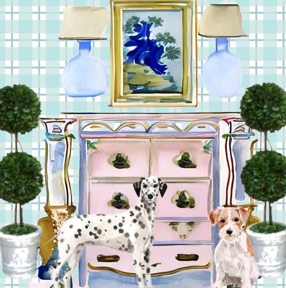 Grandmillennial art, Dogs in blue interior digital download