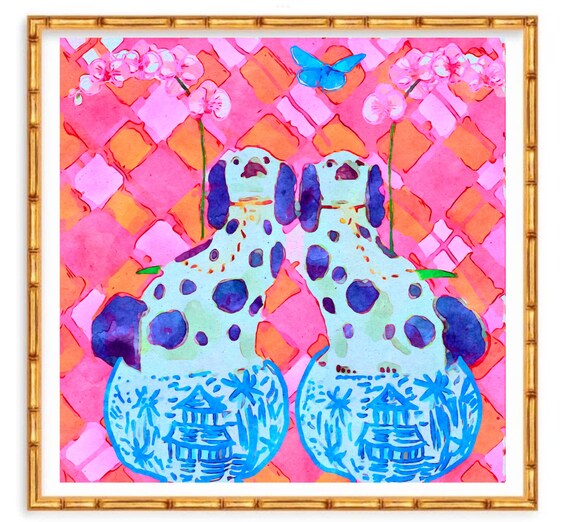 Grandmillennial art, Unique modern chinoiserie print with orchids and Staffordshire dogs