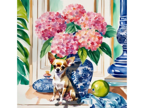 Grandmillennial art, Chihuahua pup and pink hydrangea, whimsical fine art