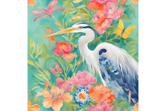 Statement original watercolor painting - chinoiserie heron -80x80 cm.