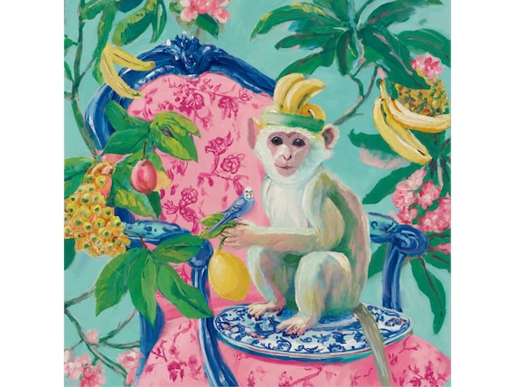 Cheeky punch monkey with blue budgie and fruits