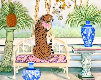 Cheetah and chinoiserie jar in chinoiserie interior
