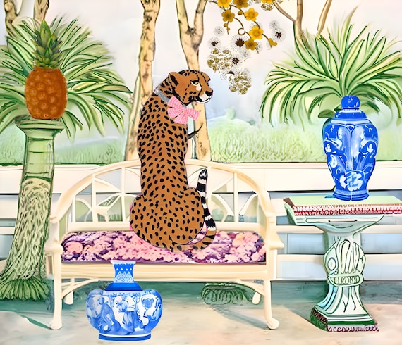 Cheetah and chinoiserie jar in chinoiserie interior