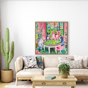 May include: A painting of five dogs playing cards around a table in a pink and green room. The dogs are wearing colorful clothes and have different expressions on their faces.