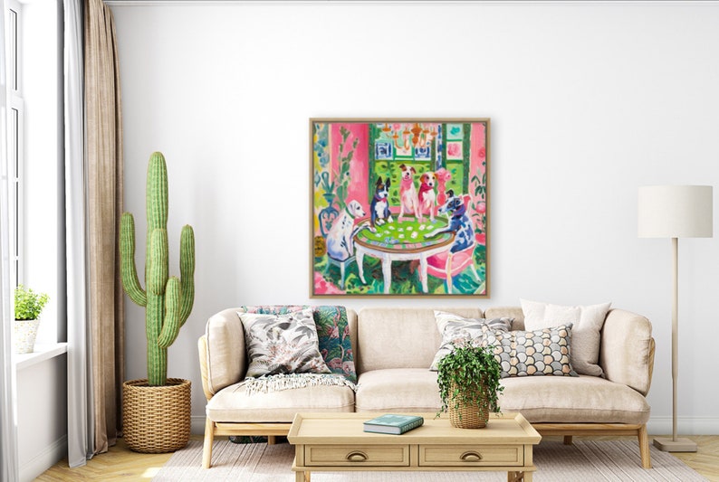 May include: A painting of five dogs playing cards around a table in a pink and green room. The dogs are wearing colorful clothes and have different expressions on their faces.
