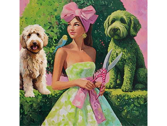 Grandmillennial Garden Art Print, Chinoiserie Dogs, Signed Giclee