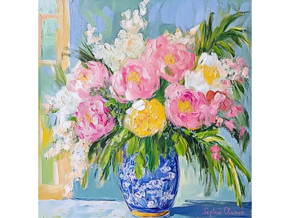 Peonies and cherry blossom, grandmillennial art, still life oil painting