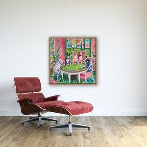 May include: A painting of four dogs playing cards at a table. The dogs are wearing collars and are sitting on chairs. The table is green and has a white tablecloth. The background is a pink and green room with a window.