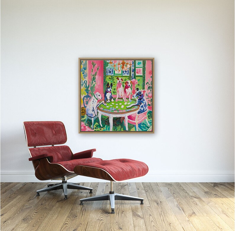 May include: A painting of four dogs playing cards at a table. The dogs are wearing collars and are sitting on chairs. The table is green and has a white tablecloth. The background is a pink and green room with a window.