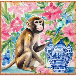 May include: A watercolour painting of a monkey sitting next to a blue and white porcelain vase with a parrot perched on the rim. The vase is filled with pink flowers and green leaves. The background is a white canvas with a bamboo frame.