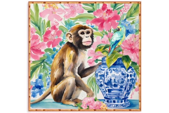 Chinoiserie Monkey Parrot Art Print: Grandmillennial Tropical Decor