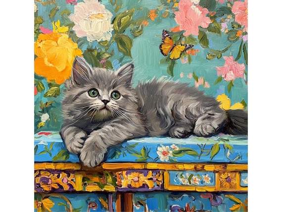 Grandmillennial art, Smoky and a yellow butterfly, whimsical kitten art