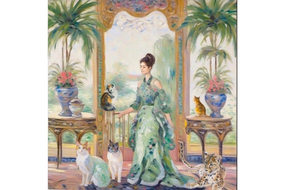Grandmillennial art, The Cat Lady place, whimsical chinoiserie art