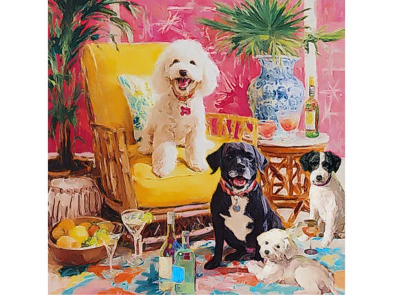 Whimsical Dogs Art Print: Drinks With Friends, Grandmillennial Decor
