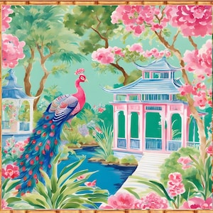 Puede incluir: Un cuadro cuadrado que muestra un pavo real vibrante con una larga cola azul y morada junto a un estanque azul. La escena incluye una pagoda rosa y azul, árboles verdes frondosos y flores rosas brillantes, todo en un marco de bambú.