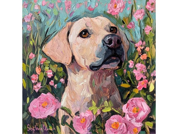 Grandmillennial art, Amber in a rose garden, whimsical Labrador art