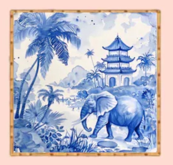 Grandmillennial art, Blue and white chinoiserie elephant in pagoda garden art print