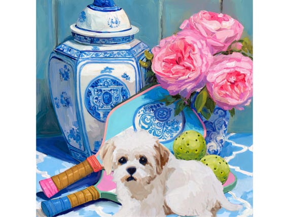 Preppy Pickleball art with tiny white pup and roses