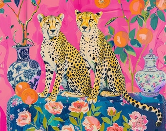 Guepardos elegantes y un tarro de jengibre en un interior chinoiserie rosa, pintura caprichosa