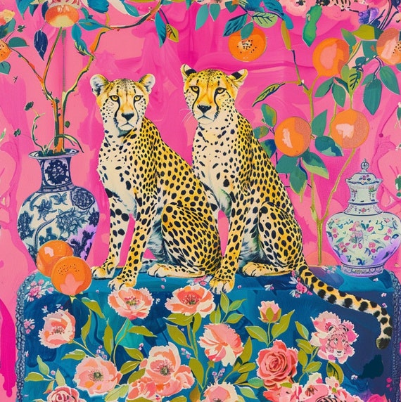 Preppy Cheetahs and ginger jar in pink chinoiserie interior, whimsical painting