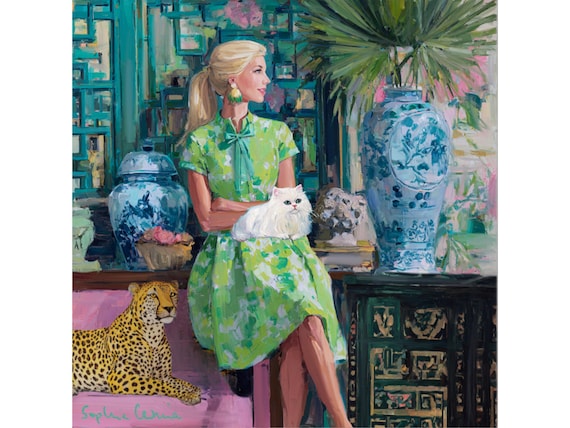 Grandmillennial Palm Beach Art Print: Persian Cat & Leopard Giclée