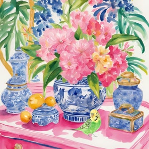 Grandmillennial Kunst, Preppy grüner Wellensittich und Pfingstrosen im Chinoiserienglas, Aquarellmalerei