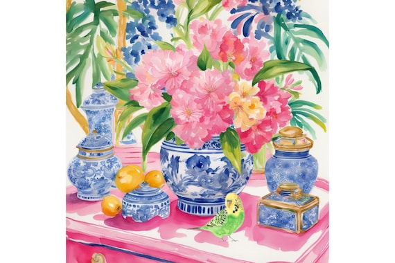 Grandmillennial art, Preppy green budgie and peonies in chinoiserie jar, watercolor painting