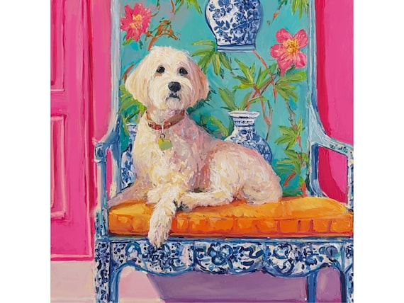 Grandmillennial art, Labradoodle in pink chinoiserie interior, whimsical dog art