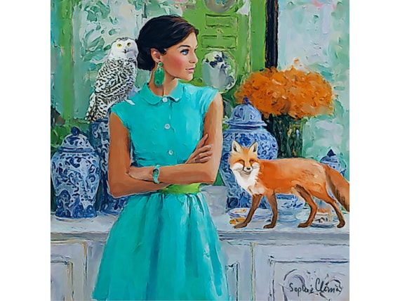 Chinoiserie Art Print: Woman with Fox & Owl - Palm Beach Decor