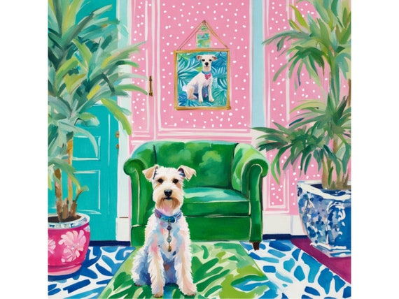 Grandmillennial art, White Wire Terrier in preppy pink and green interior,  whimsical art