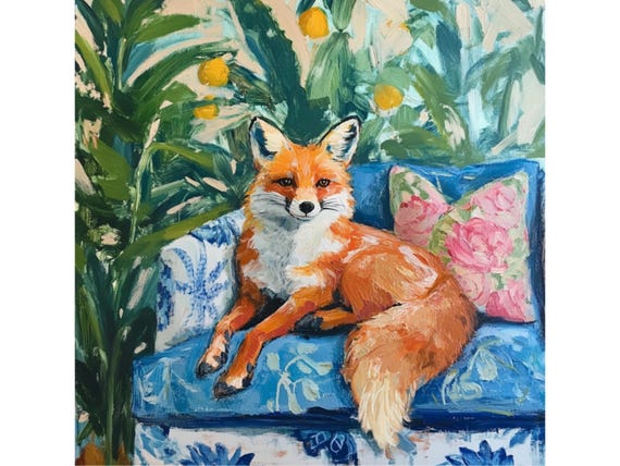 Grandmillennial art, Red Fox in chinoiserie interior with lemons, whimsical fine art