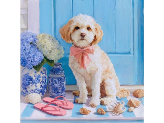 Coastal Dog Art Print, Ready For Beach, preppy Multipoo portrait