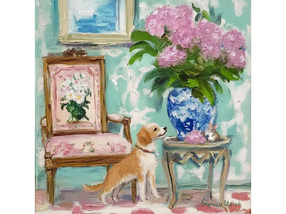 Grandmillennial art, A Sweet Encounter, fine art dog print