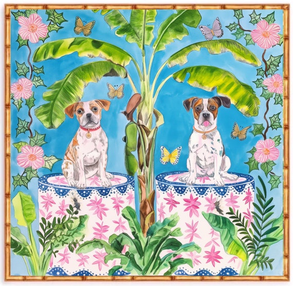 Grandmillennial art, Terriers on chinoiserie garden stools giclee art print